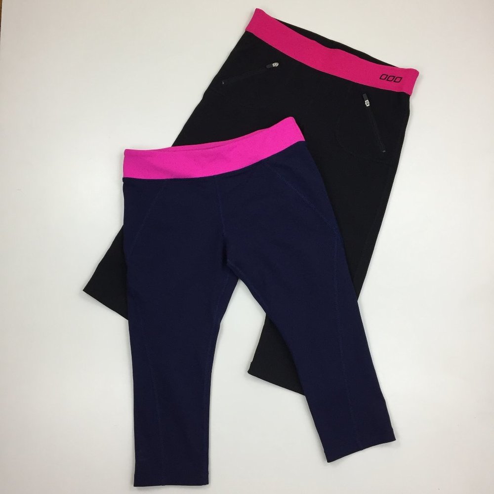 Lot of 2 LORNA JANE Black Blue Neon Pink Zip Pockets Pull On Cropped Leggings
